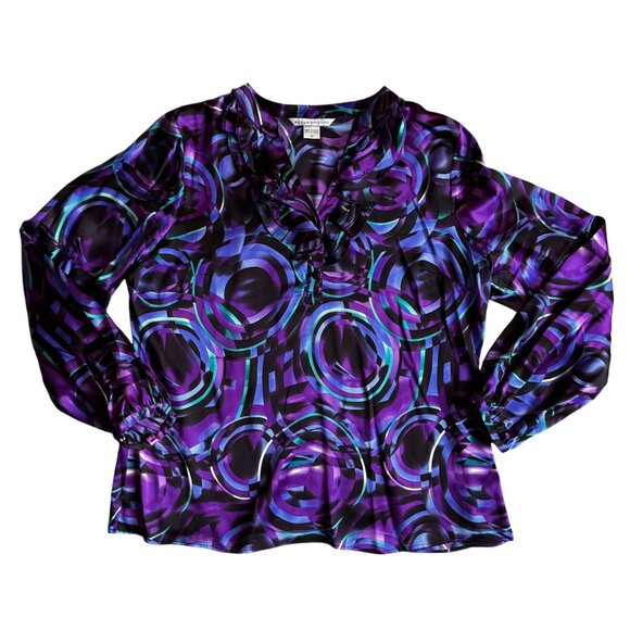 Vtg Peter Nygard Silk‎ Blouse Womens 16 Ruffle Collar V Neck Abstract Sheer Top - Picture 1 of 8